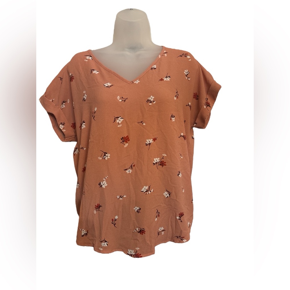 Pink Rose Floral V-Neck Blouse - Peach